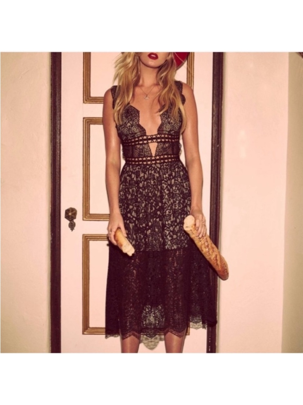 For love & lemons mon cheri lace crochet midi dress black SZ XS